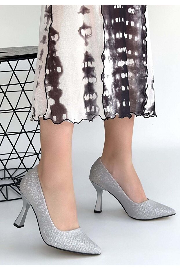 Meyli Silver Satin Glitter Heeled Shoes