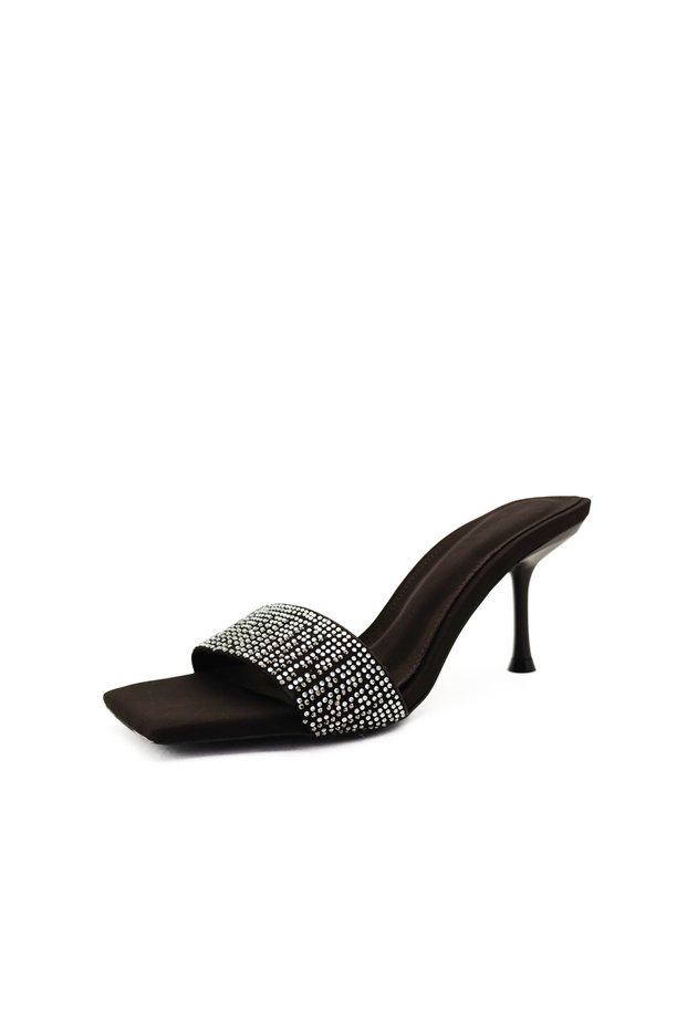Bitter Brown Color Thin High Heel Stone Detailed Evening Dress Women's Slippers in Sizes 36-37-38-39-40