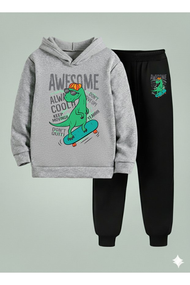 Boy's Hooded Set Kaykay Ci Dino B Printed 3 İplik Şa Brushed Inside Weatshirt - Sweatpants Set