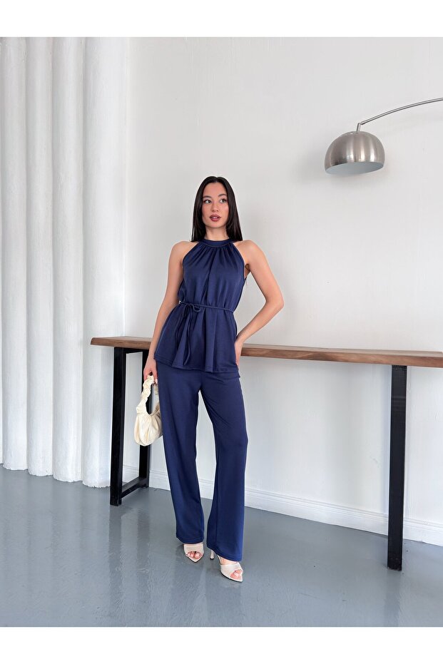 Halter Neck Stylish Wear-And-Go Double Suit with Belted Trousers