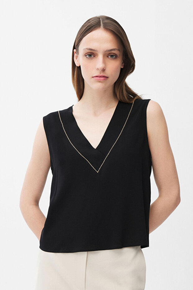 Taş Detaylı Kolsuz Örme Bluz - 4