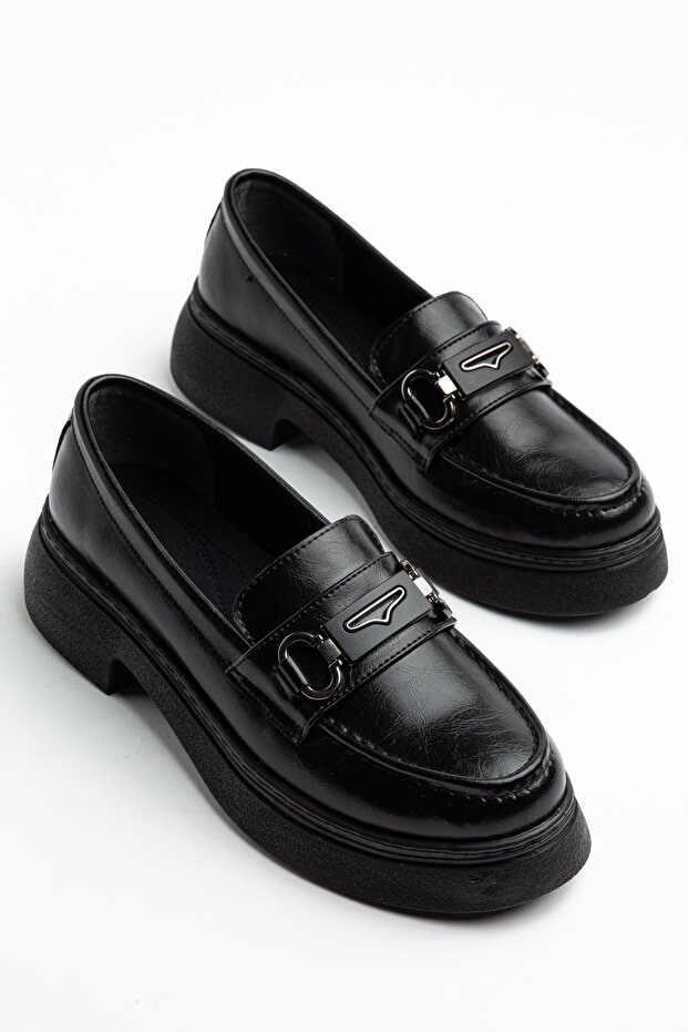Dayna Women's Black Shiny Leather High-Top Buckle Loafer Shoes