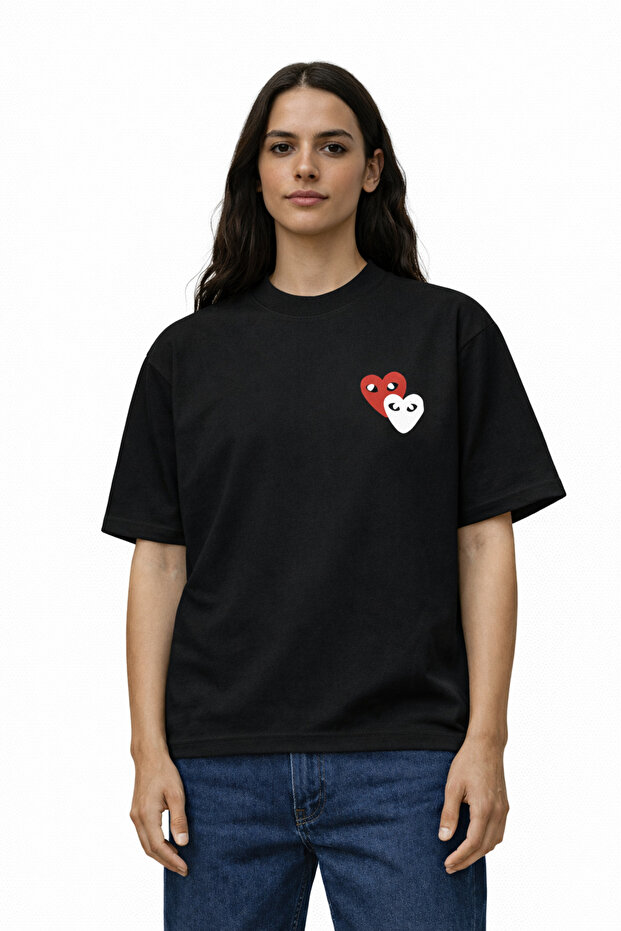 Unisex Women's Men's Commedes 2-Piece Heart Front Printed Oversized Thick Fabric Relaxed Cut Cotton T-Shirt