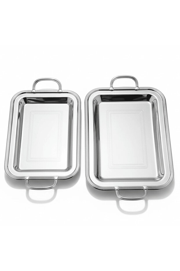 Najib 2-Piece Rectangular Silver Stainless Steel Serving Tray Set with Golden Handles
