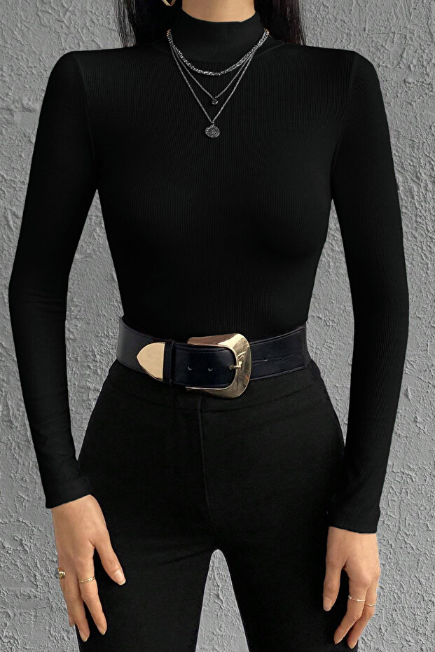 Women's Corded Fabric Look Slim Fit Body-Fitting Half Fishneck Collar