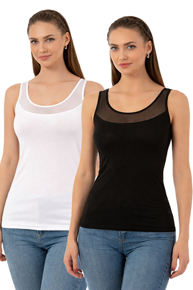 Özkan 20575 2-Pack Women's Cotton Pcs Stretch Fabric Single Jersey Black White Tulle Detail Thick Strap Undershirt