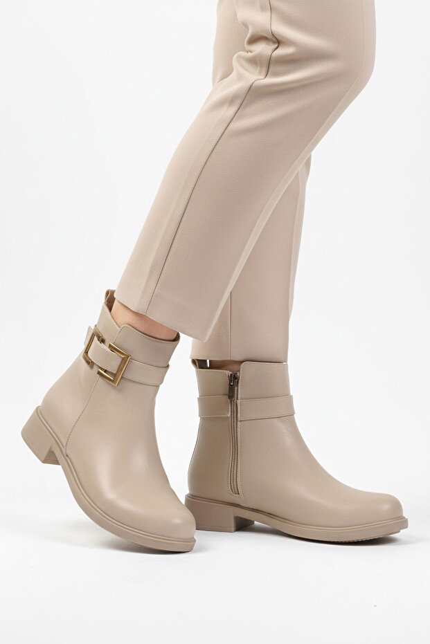 Beige Zippered Women's Heeled Boots with Fleece Inside