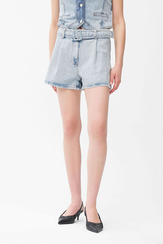 Kemerli Denim Şort - 2