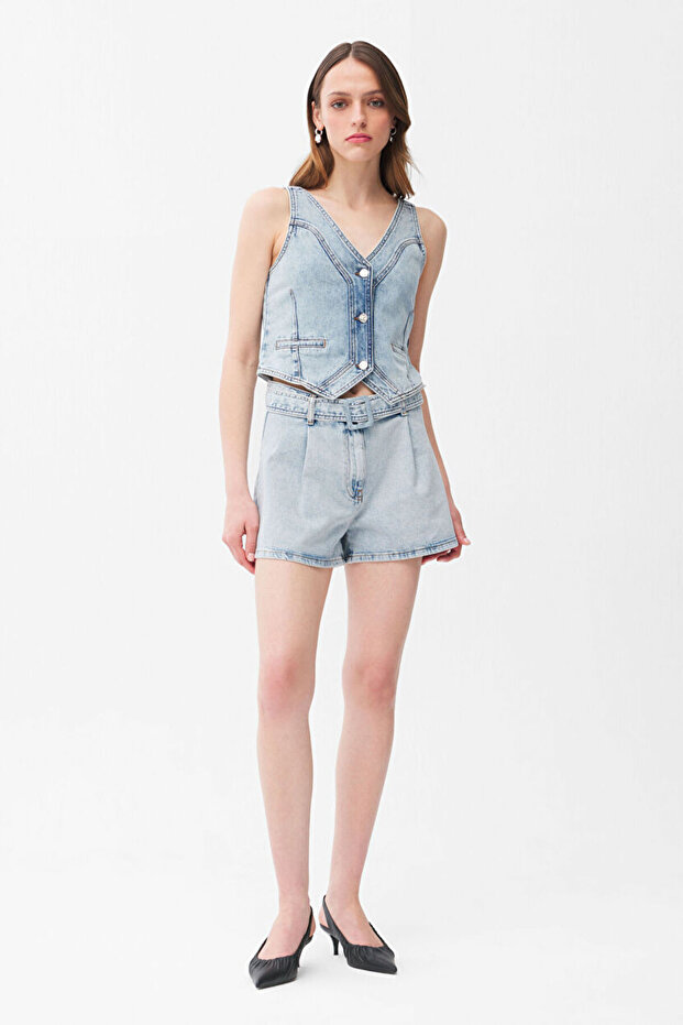Kemerli Denim Şort - 1