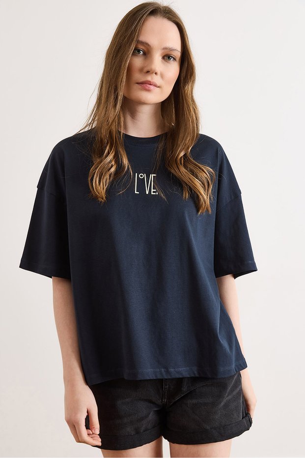 Women's Navy Blue Thin Love Detailed P Cotton Comfortable Fit T-Shirt Tsh-19000959