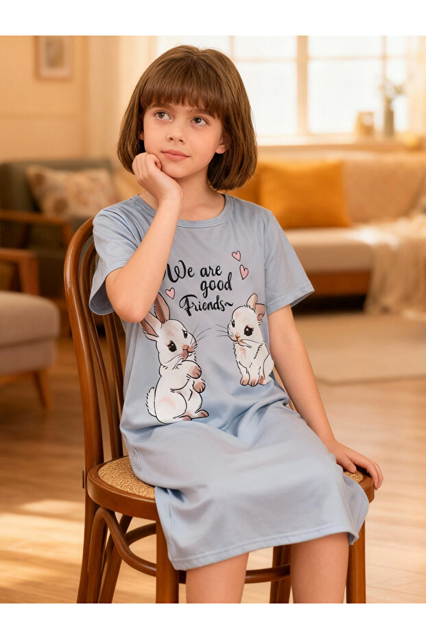 Girls Rabbit Print Short Sleeve Nightdress