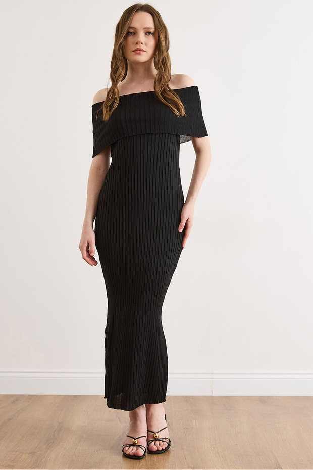 Women's Black Madonna Collar Corded Fabric Cotton Content Midi t Knit Dress Elb-19002603