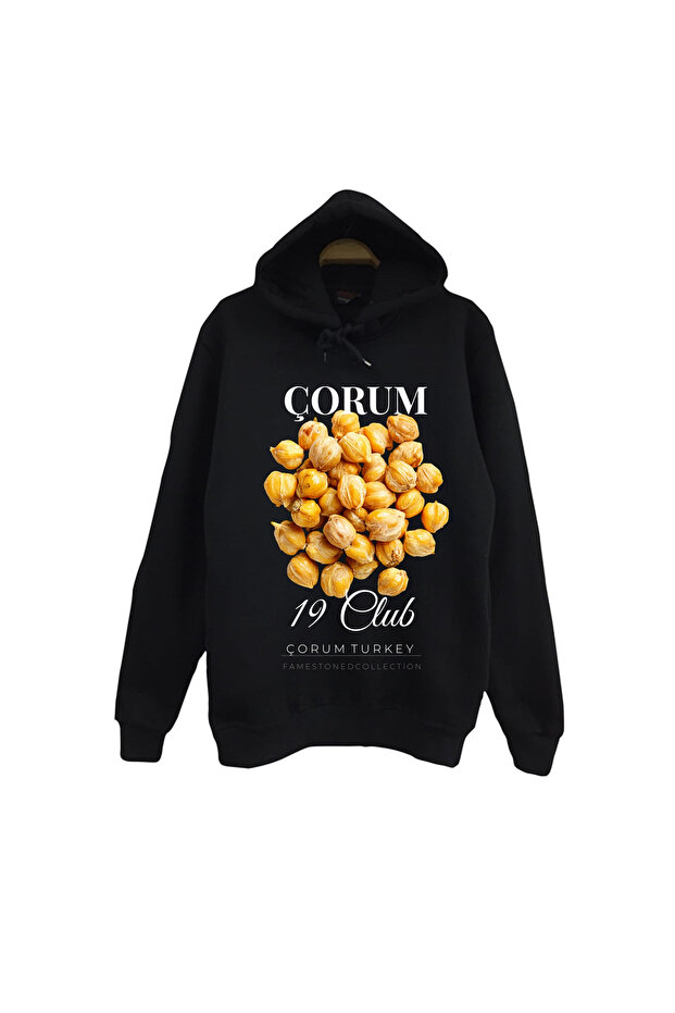 Çorum - 19 - Leblebi - Hattuşa - Şehir Printed Unisex 100% Cotton Black Hooded Sweatshirt
