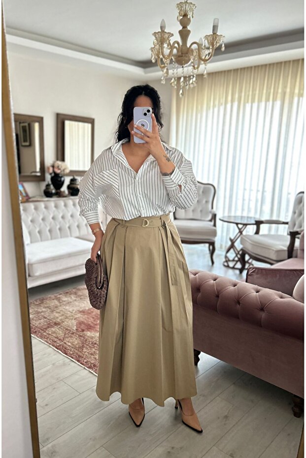 Belted Pleated Khaki Maxi Skirt