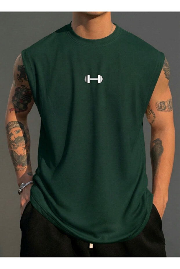 تي شيرت رجالي من Dumbbell Danbıl مطبوع Zero Sleeve Crew Neck