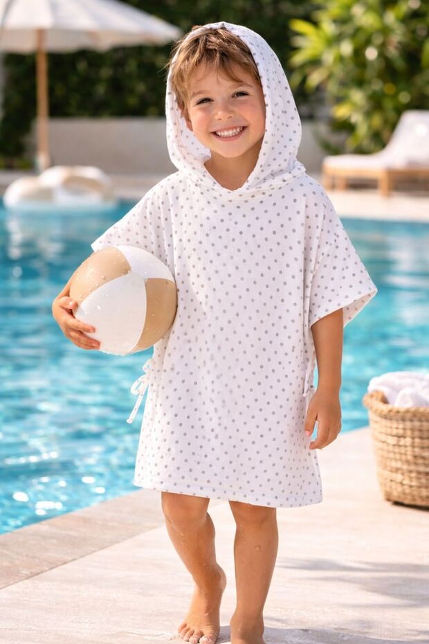 Muslin Poncho Hooded Girl-Boy Child-Baby Sea, Beach, Pool /White Polka Dots
