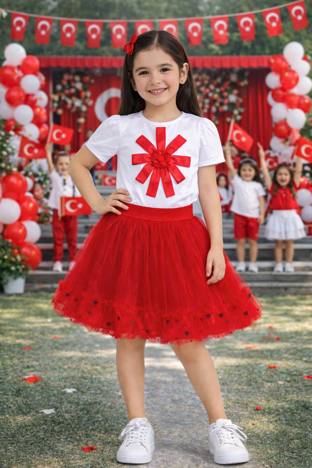 Girl's Red Tutu Skirt and White Red Patterned Body Suit - Holiday Event Set 5-13 Years