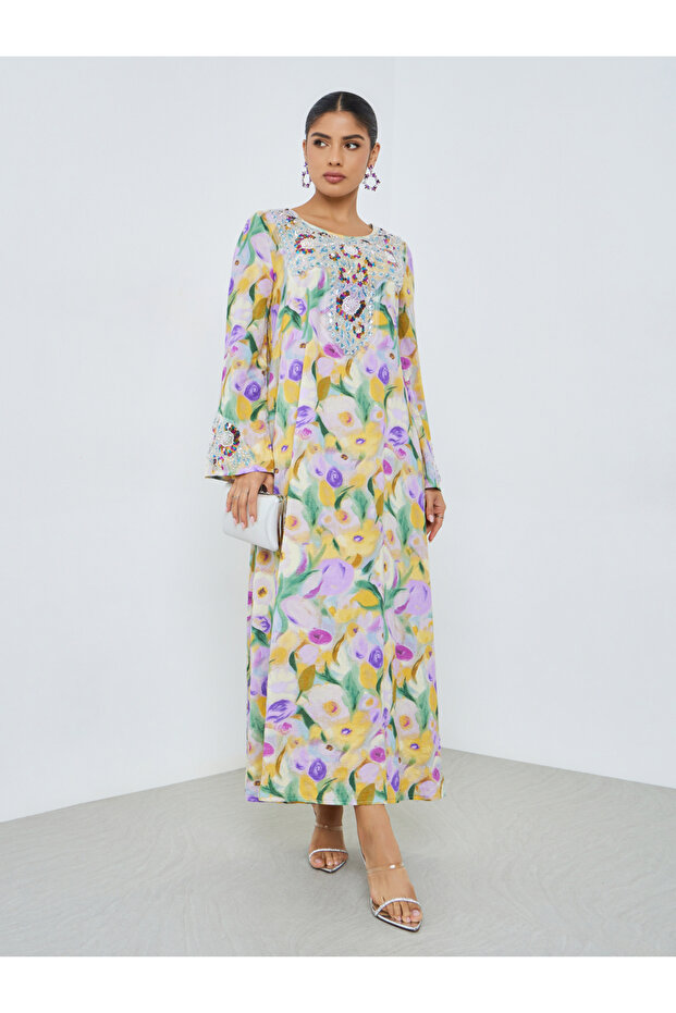 Floral Print Beaded Mukhawar Jalabiya