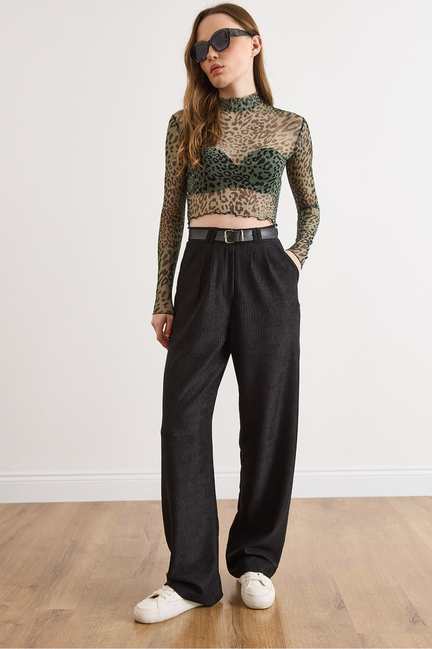 Women's Black Belt Li Pocketed Slim D Drapey K Velvet Pants Pnt-19000397