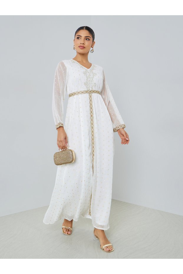 White Lurex V Neck Jalabiya with Lace Detail