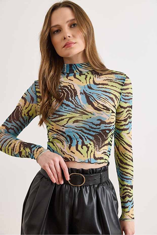 Women's Zebra Green Patterned Cropped Stretchy Tulle Blouse Blz-19003264