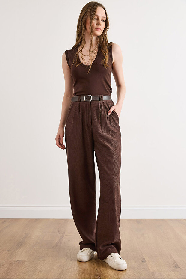 Women's Brown Belt Li Pocketed Slim D Drapey K Velvet Pants Pnt-19000397