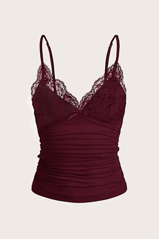 Lace Mini Bowknot Claret Red Spaghetti Strap C Cropped Body