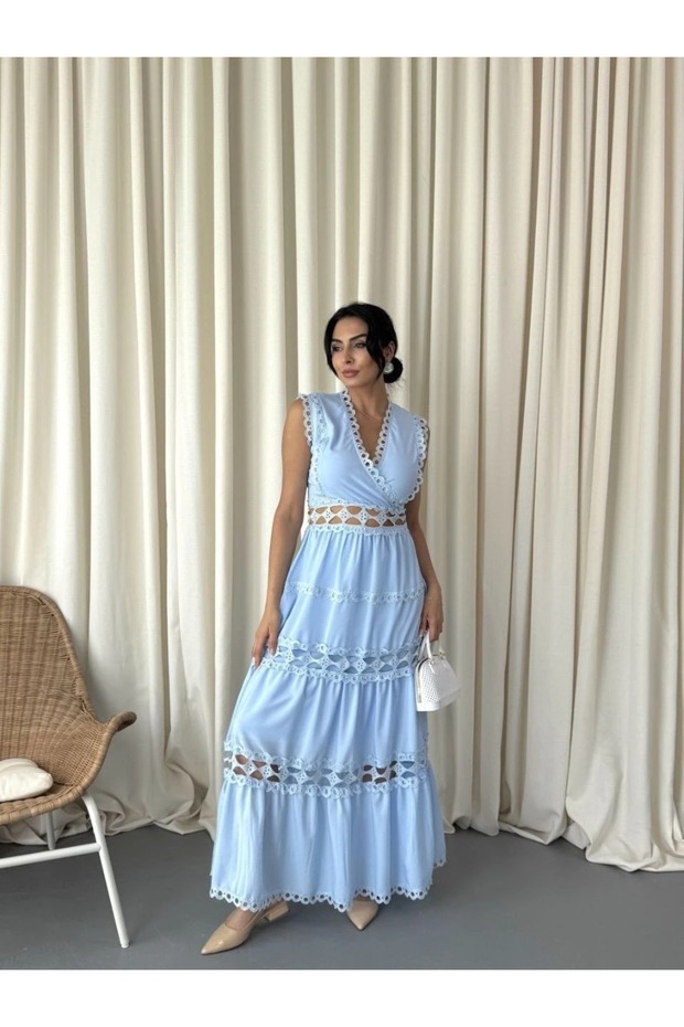 Women's Baby Blue Soft Touch Premium Crepe Fabric Guipure Lace Detail Dress Njjennyelb1