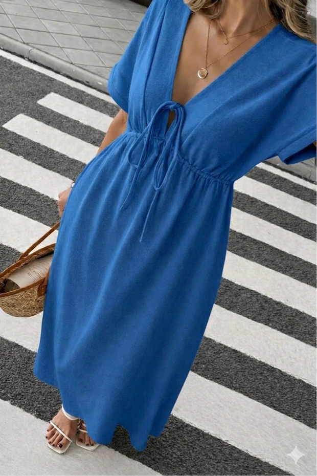 Women's Solid Color Aerobin Fabric Summer V-Neck Short Sleeve Elastic Waist Below Knee Dress 10C-2379