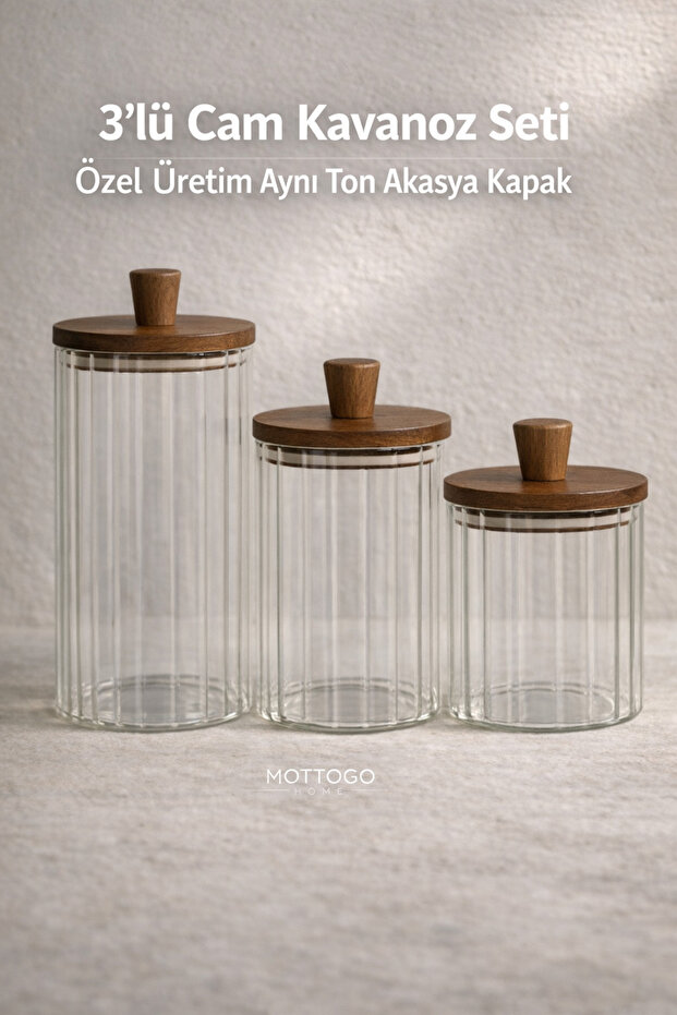 3-Piece Glass Jar Set – Kitchen Storage and Coffee Jars with Acacia Lids (600 ml 860 ml 1160 ml)