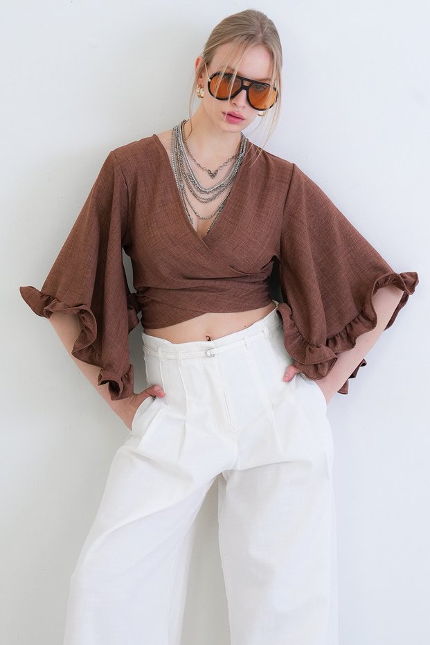 Brown V-Neck Linen Blouse with Tie Detail and Ruffled Sleeves Alc-X15332