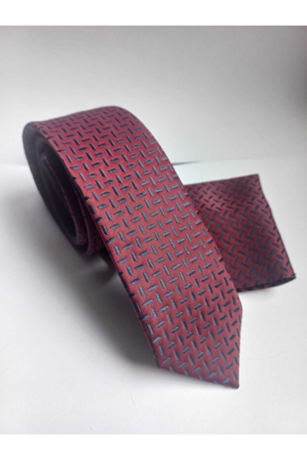 Bordo Patterned Thin Tie and Handkerchief Set 5,5cm