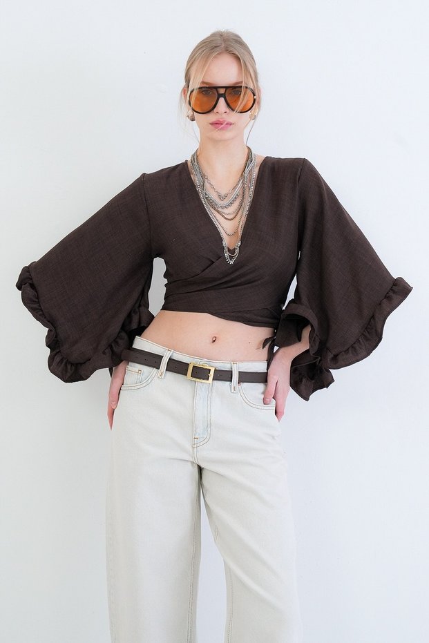 Bitter Coffee V-Neck Tie Detail Ruffled Sleeves Linen Blouse Alc-X15332