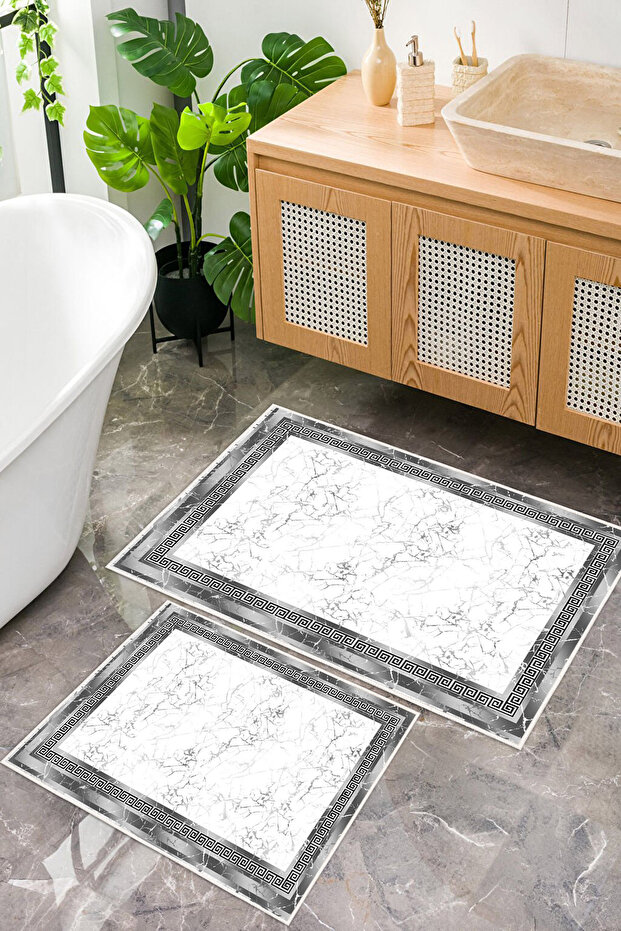 Framed Modern Patterned Digital Print Pcs Washable 2Pcs Bath Mat