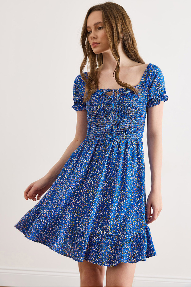 Women's Cobalt Blue Gipe Detailed Mini Woven Viscose Dress Elb-19002606