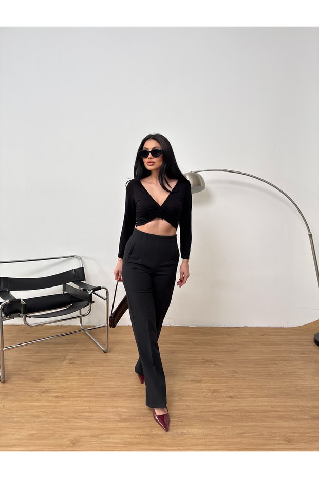 Women's High Waist Back Zip Detail Fabric Trousers