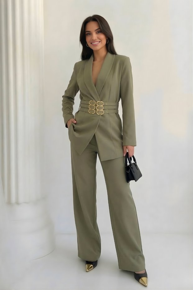 Women's Double Suit Gold K Belt I V Padded Shoulders Blazer Jacket B Wide-Leg Trousers Suit