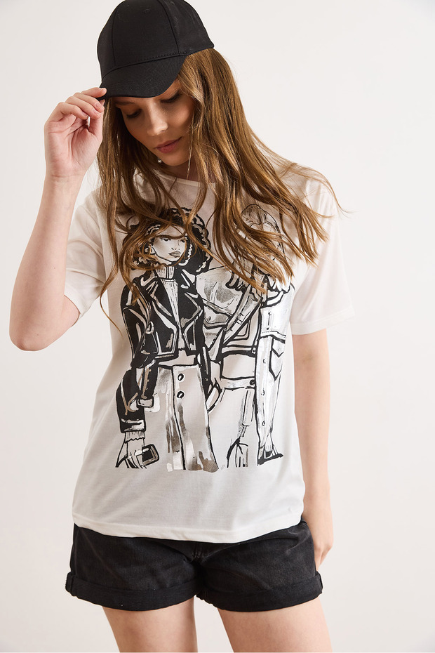 Women's Ecru Lamé Print Detailed T-Shirt Tsh-19000967
