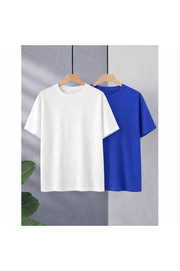 Oversized T-Shirt Set of 2 White & Colorful Crew Neck Comfortable Fit Daily Unisex T-Shirt