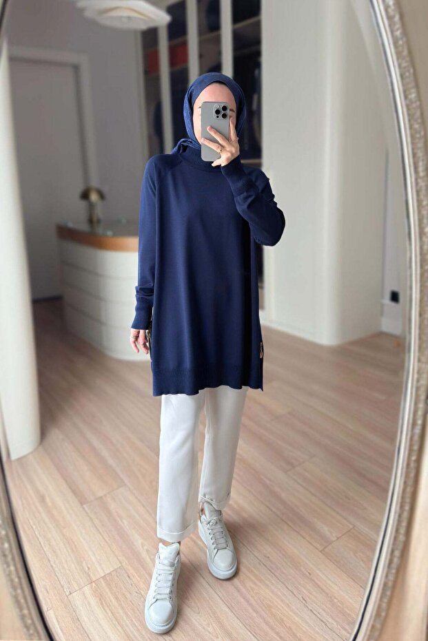 Yan Fermuar Basic Merserize Tunik - Lacivert - 3