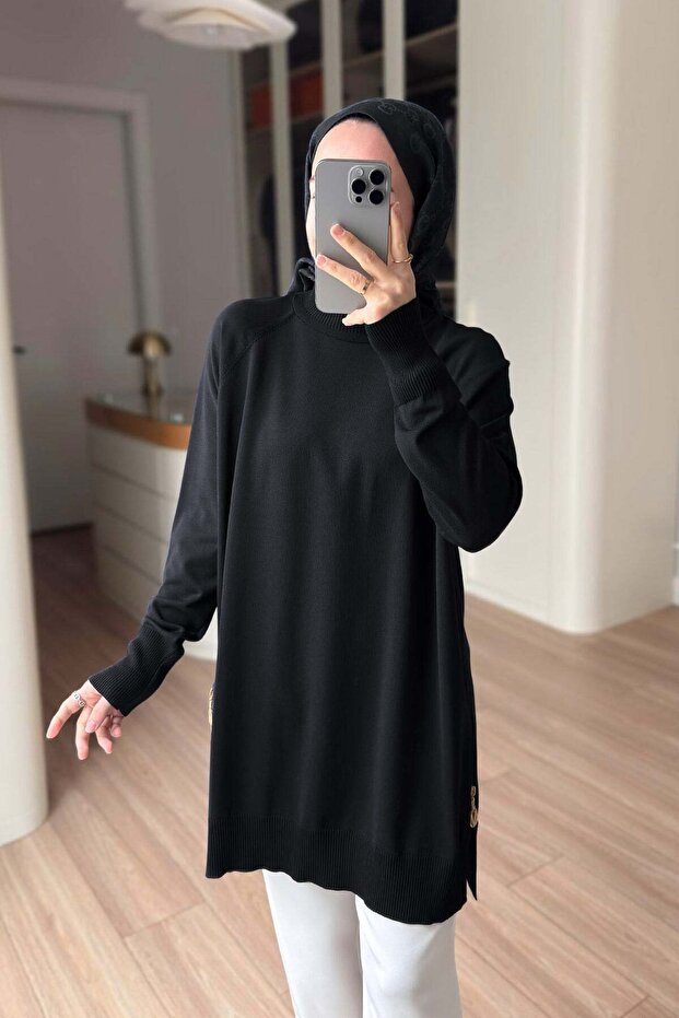 Side Zipper Basic Mercerized Tunic - Black