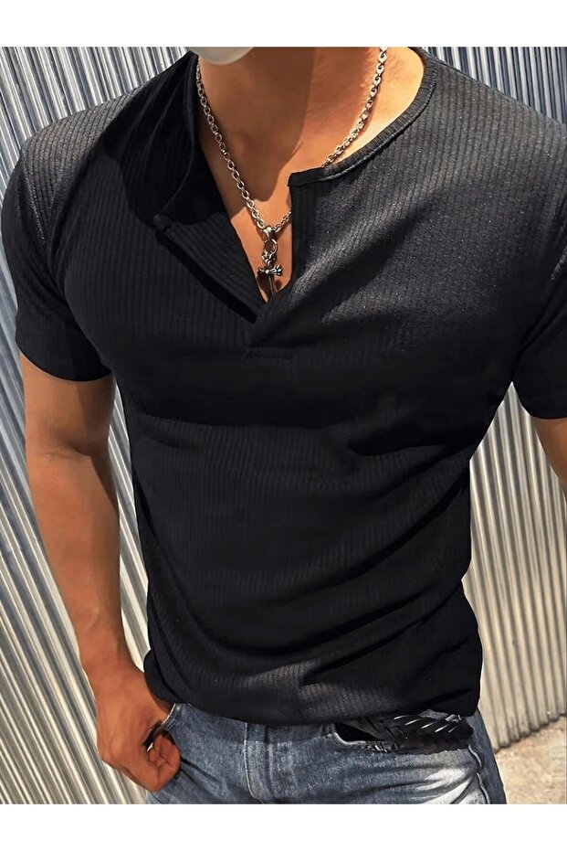 San Loe Men's Slim Fit Stretch Fabric Henley Collar Long Sleeve T-Shirt - Buttoned Stretchy Fabric