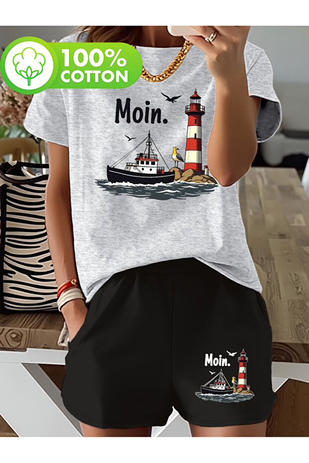 Unisex Moi̇n B Printed White T-Shirt Black Shorts Knitted Bottom Top Set