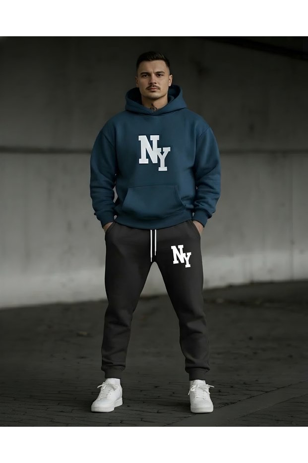 New Season Hooded Ny Printed Full Winter Complete Brushed Inside Sweatshirt Tracksuit Set 2-Piece