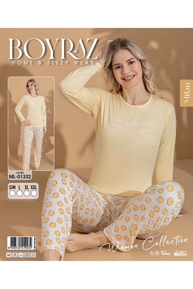 White Wholesale Women's Patterned Long Sleeve Pajama Set - Cotton Piece Textured Comfortable Fit Homewear Set