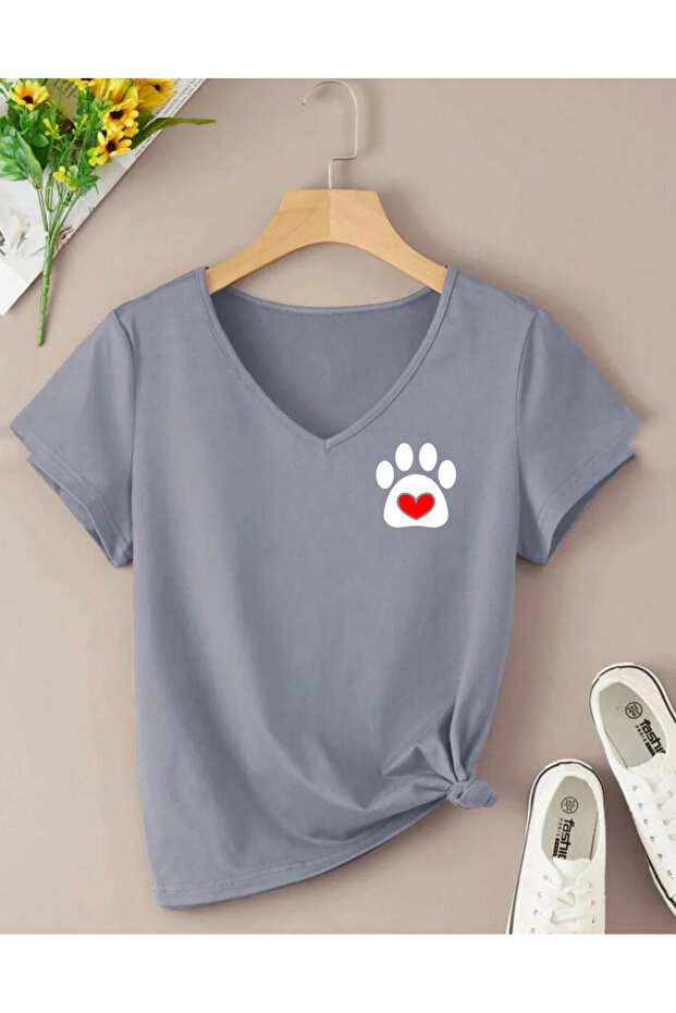 Kalp Paw Printed V-Neck Short Sleeve Regular Tshirt in Cotton Colors