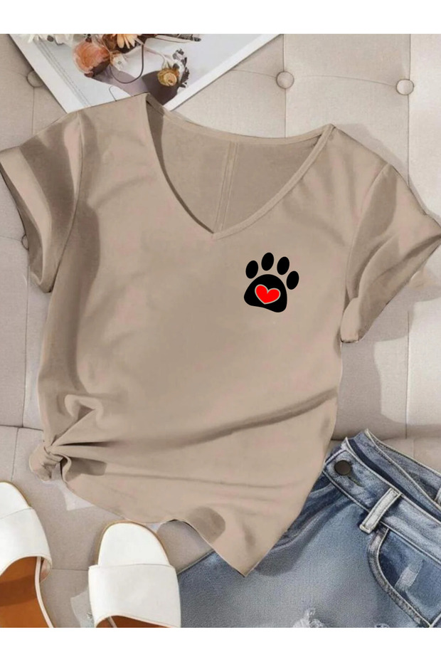 Kalp Paw Printed V-Neck Short Sleeve Regular Tshirt in Cotton Colors