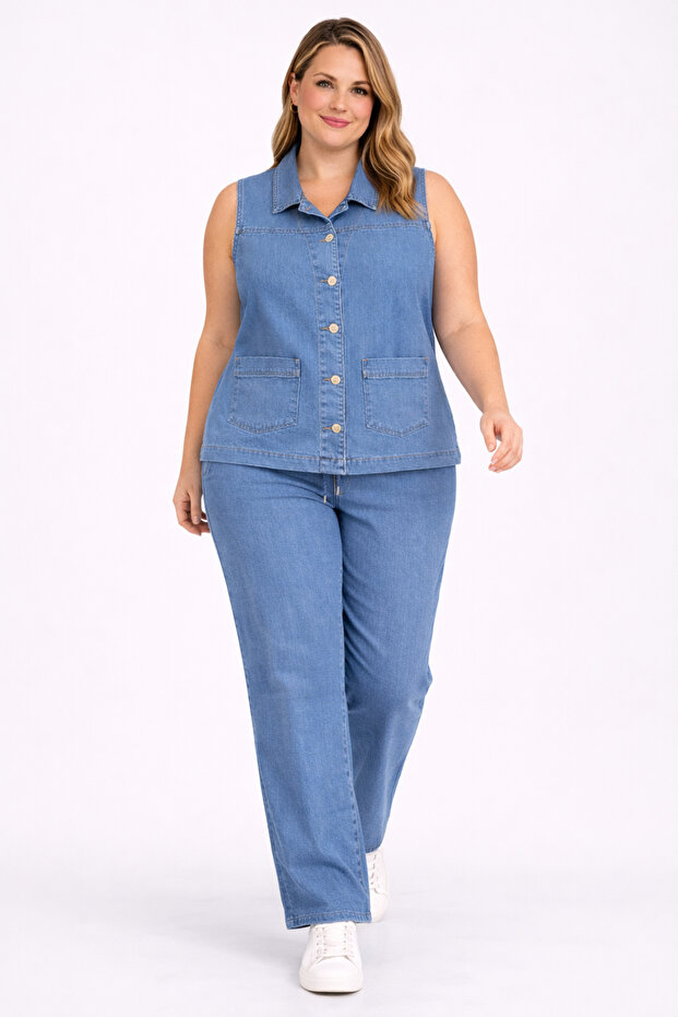 Women's Large Size Blue,Denim Vest + Elastic Waist, High Waist Stretch Fabric Denim Pants 2'Li Suit 65N39419