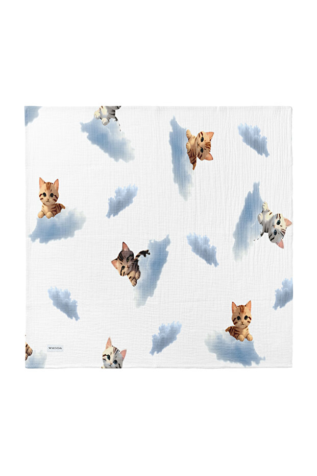 100% Cotton 4 Layer Muslin Baby Blanket 80X85 cm - Cat Patterned Baby Blanket - White/Blue