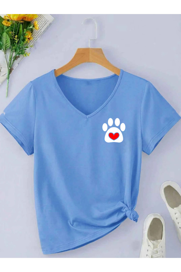 Kalp Paw Printed V-Neck Short Sleeve Regular Tshirt in Cotton Colors